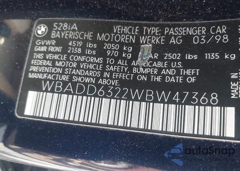 1998 BMW 528I from USA, damaged, VIN WBADD6322WBW47368